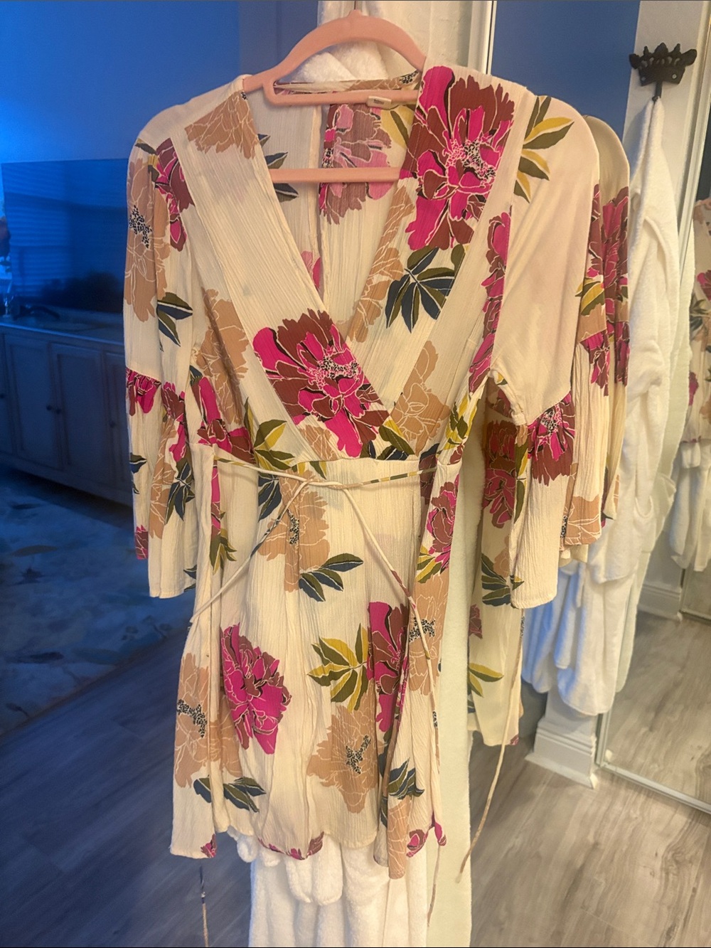 Billabong Cream Mini Wrap Dress with Fuchsia Floral Print